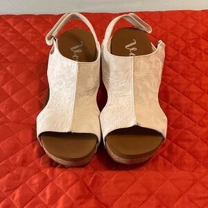 Very G White Floral Embossed Slingback Wedge Sandals